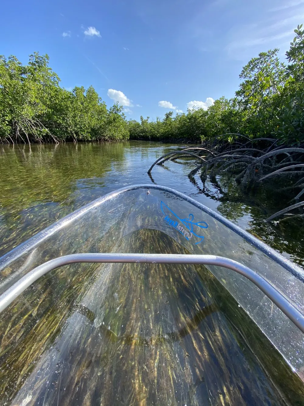 Looking down through the clear kayak hull